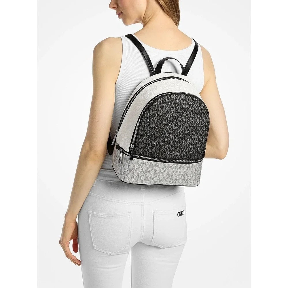Michael Kors Rhea Medium Metallic MK Logo Backpack Silver Tone Zip Bag EUC